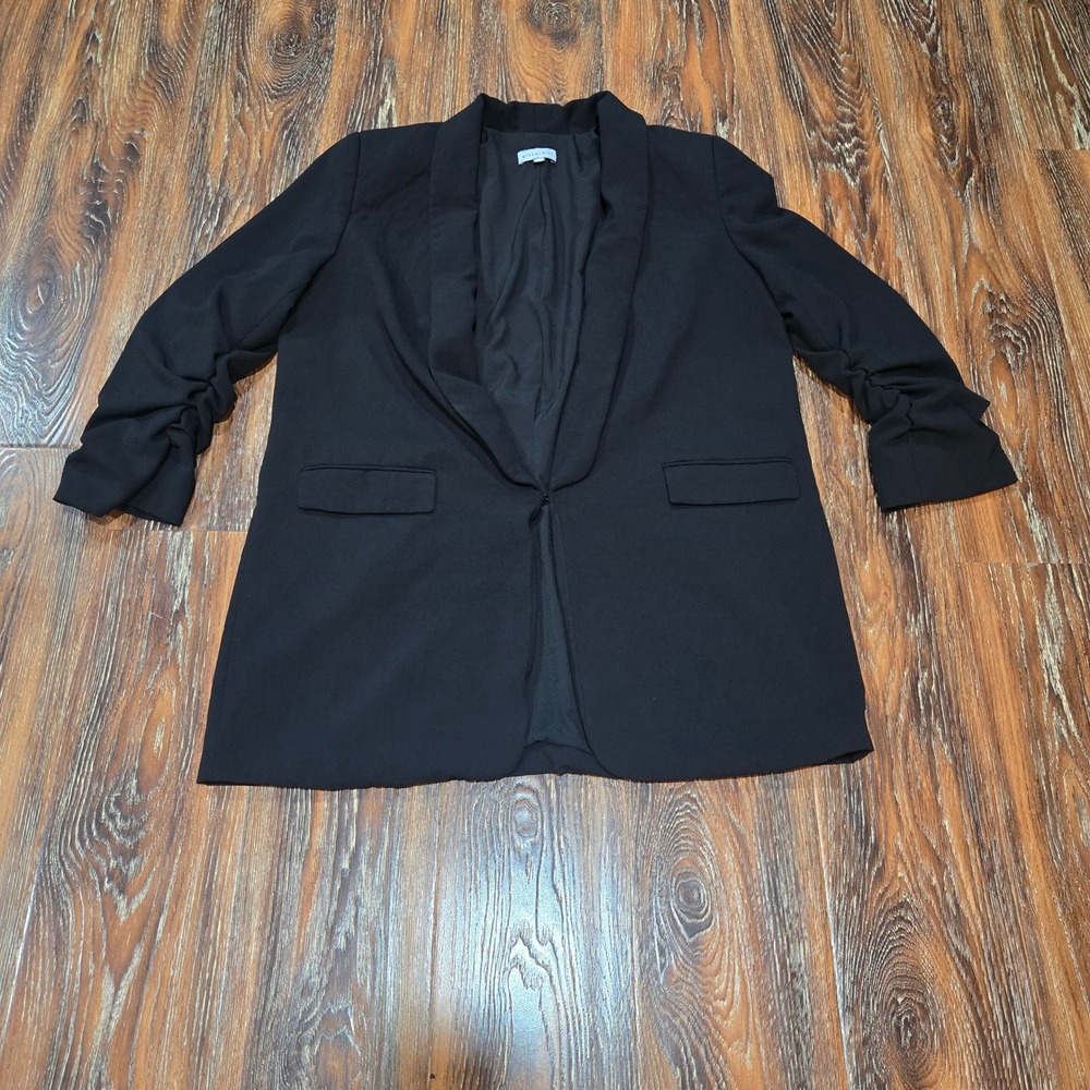 Gianni Bini 12 Ruched Sleeve Blazer Womens Black Hook Eye Shawl Collar Pocket
